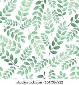 Seamless pattern of green leaves, foliage natural branches, herbs on white background. Floral wallpaper. Vector illustration.	