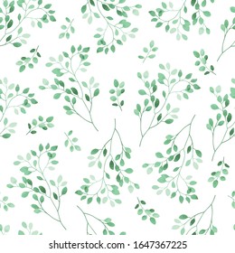 Nahtlose Muster grüner Blätter, Blätter, natürliche Äste, Kräuter auf weißem Hintergrund. Blumenhintergrund. Vektorillustration.	