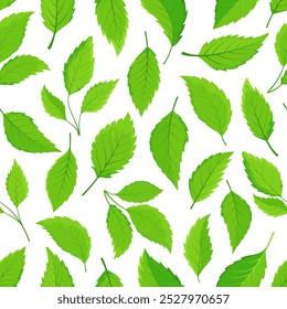 Seamless pattern of green leaves, foliage natural branches on white background. Endless background with various shapes of green leaves. Backdrop for nature-themed designs, eco-friendly packaging, and