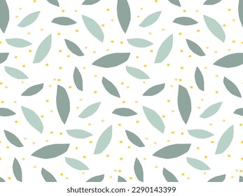 Seamless pattern with green leaves. Green fresh leaves on white background. Botanical repeated vector illustration for wallpaper, wrapping, packing, textile, scrapbooking. Geometric ornament.