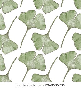 Seamless pattern with green leaves of ginkgo biloba on a white background. Botanical print for decor, wallpapers, covers, backgrounds and presentations