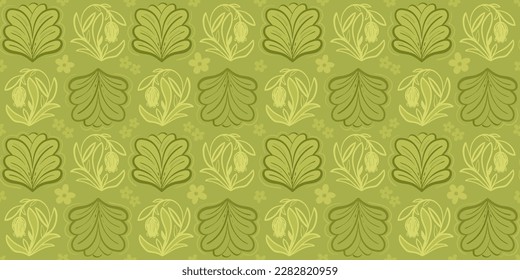 Patrón sin foco con hojas verdes y flores de césped. Decorativo arte de adorno floral repetido. Diseño botánico monocromo. Impresión vectorial interminable para papel textil o de pared.