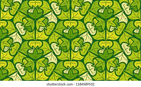 Seamless pattern of green leaves grouped in hexagons with three-sided symmetry.