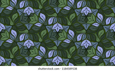 Seamless pattern of green leaves grouped in hexagons with three-sided symmetry.