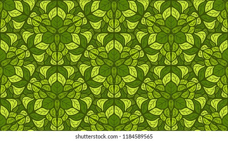 Seamless pattern of green leaves grouped in hexagons with three-sided symmetry.