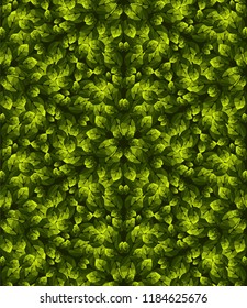 Seamless pattern of green leaves grouped in hexagons with three-sided symmetry.