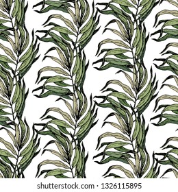 Seamless pattern with green leaves. Hand drawn vector on white background.