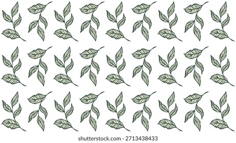 Seamless pattern of green leaves in hand drawn style. Minimalist organic green leaf seamless pattern in doodle style.