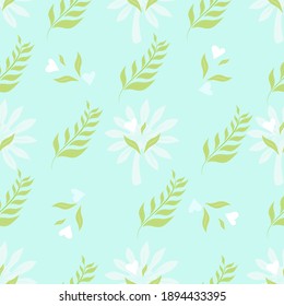 Seamless pattern with green leaves and heart. Nature concept. Background for your design wallpapers, web page, surface textures, package product of tea, scrapbooking, clothes, fabric textile. Vector