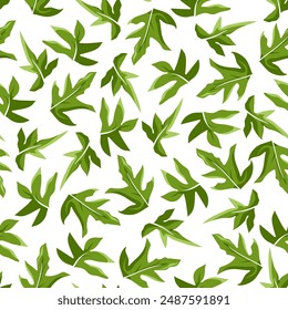 Seamless pattern with green leaves or herbs on white background. Print with chaotic filling. Floral vector illustration for nature design, fabric, wallpaper, interior textiles or wrapping paper.
