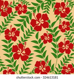 Seamless pattern with green leaves and Hibiscus flowers on yellow background, vector illustration