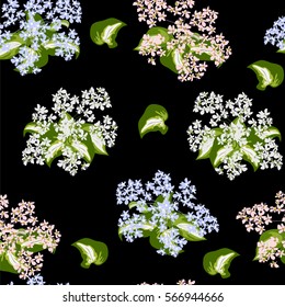 Seamless pattern of green leaves of hosta and cute little flowers. Floral background for textile, cover, wallpaper, gift packaging, printing, scrapbooking.