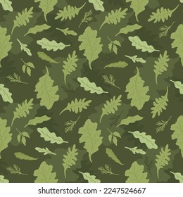 Seamless pattern green leaves lettuce on dark fon