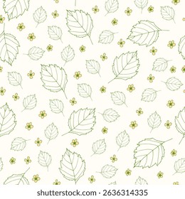Seamless pattern with green leaves and little yellow flowers. Seasonal autumn background for templates, wallpaper, cards.