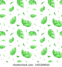 Seamless pattern green leaves. Low poly background. Green sprouts.  Leaves isolated on white background.