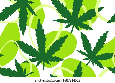 Seamless pattern with green leaves of marihuana. Cannabis endless background. 