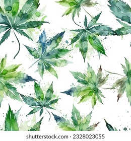Nahtlose Muster grüne Blätter von Marihuana Aquarell. Vektorgrafik