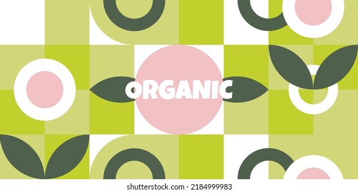 Patrón sin foco con hojas verdes y mosaico de formas geométricas. Envase ecológico. Etiqueta de bio para proyectos sociales ecológicos. Banner de estilo natural, fondo orgánico para los veganos. Ilustración vectorial.