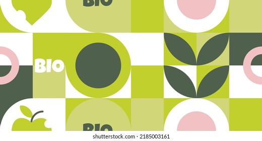 Patrón sin foco con hojas verdes, mosaico de formas geométricas. Envase ecológico. Etiqueta de bio para proyectos sociales ecológicos. Banner de estilo natural, fondo orgánico para los veganos. Ilustración vectorial.