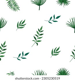 Patrón inmaculado de hojas verdes cuidadosamente dispuestas sobre un hermoso fondo blanco. Ilustración vectorial.