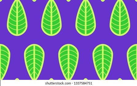 Seamless Pattern Green Leaves on Purple Background