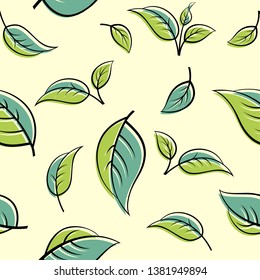 Seamless pattern with green leaves on a light background. Linear drawing floral background.