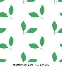 Seamless pattern with green leaves on white background. flat design vector illustration.