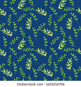 
Seamless pattern of green leaves on a blue background. Stock vector illustration for decoration and design, packaging, wallpaper, fabrics, postcards, web pages, wrapping paper and more.