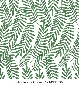 Seamless pattern with green leaves on a white background. Vector illustration. Print for textiles, postcards, notebook covers, wrapping paper, Wallpaper.