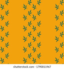 Seamless pattern with green leaves on an orange background. Template for design of clothes, background, wrapping paper, fabric, wallpaper, curtains.