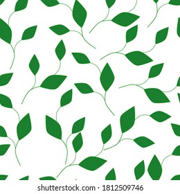 Seamless pattern with green leaves on a white background. Can be used for napkins, wrapping paper, fabric, tablecloth, curtains, as a background, for packaging.