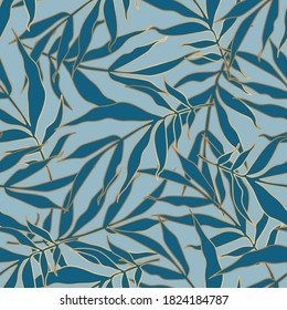 Seamless pattern with green leaves on blue background. Vector illustration. Fabric print.