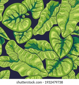 Seamless pattern of green leaves on a dark background. Tropical bright foliage.