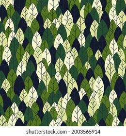 Seamless pattern from green leaves on a solid background. Strict flat design. Geometric location. Printing on fabric, wrapping paper. Vector illustration