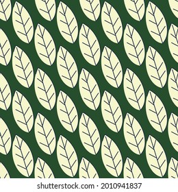 Seamless pattern from green leaves on a dark background. Strict flat design. Geometric location. Natural eco motive. Printing on fabric, wrapping paper. Vector illustration