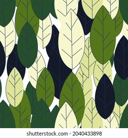 Seamless pattern from green leaves on a light background. Strict flat design. Natural motive. Printing on fabric, wrapping paper. Vector illustration