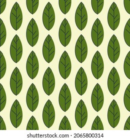 Seamless pattern from green leaves on a light background. Strict flat design. Natural motive. Printing on fabric, wrapping paper. Vector illustration