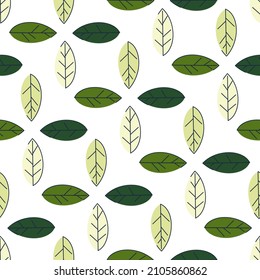 Seamless pattern from green leaves on a light background. Strict flat design. Natural motive. Printing on fabric, wrapping paper. Vector illustration