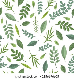 Seamless Pattern with Green Leaves on White Background. Vector