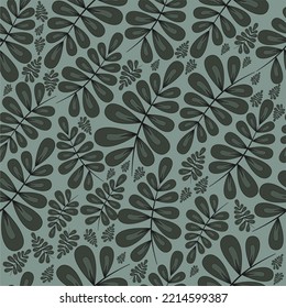 hojas verdes de patrón sin soldadura sobre un fondo verde, adorno floral, impresión para tela y papel de pared, patrón de papel, elementos de planta de diseño plano, fondo botánico