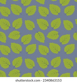 Seamless pattern of green leaves on a blueberry backdrop in trendy hues. Abstract background texture