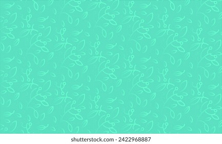 Seamless pattern with green leaves on turquoise background.
