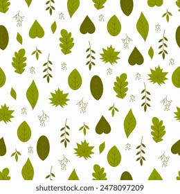 Seamless pattern with green leaves on white background.