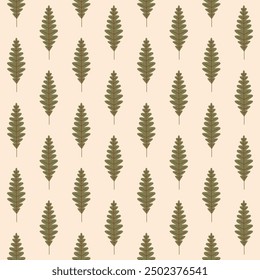 Motif harmonieux de feuilles vertes sur fond beige pour la Nature et les thèmes organiques automne.