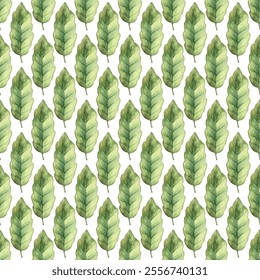 Seamless pattern of  green leaves on a white background. Perfect for eco-friendly designs, nature inspired projects, and botanical themes. Ideal for wallpapers, textiles, and stationery.