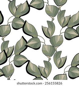 Seamless pattern of green leaves on white background.