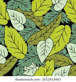Seamless pattern with green leaves on black background. Vector illustration.