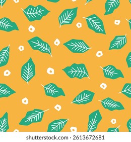 Seamless pattern with green leaves on yellow background. Vector illustration.	