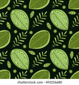 seamless pattern with green leaves on a dark background