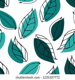 Seamless pattern with green leaves. Outline hand drawn art.